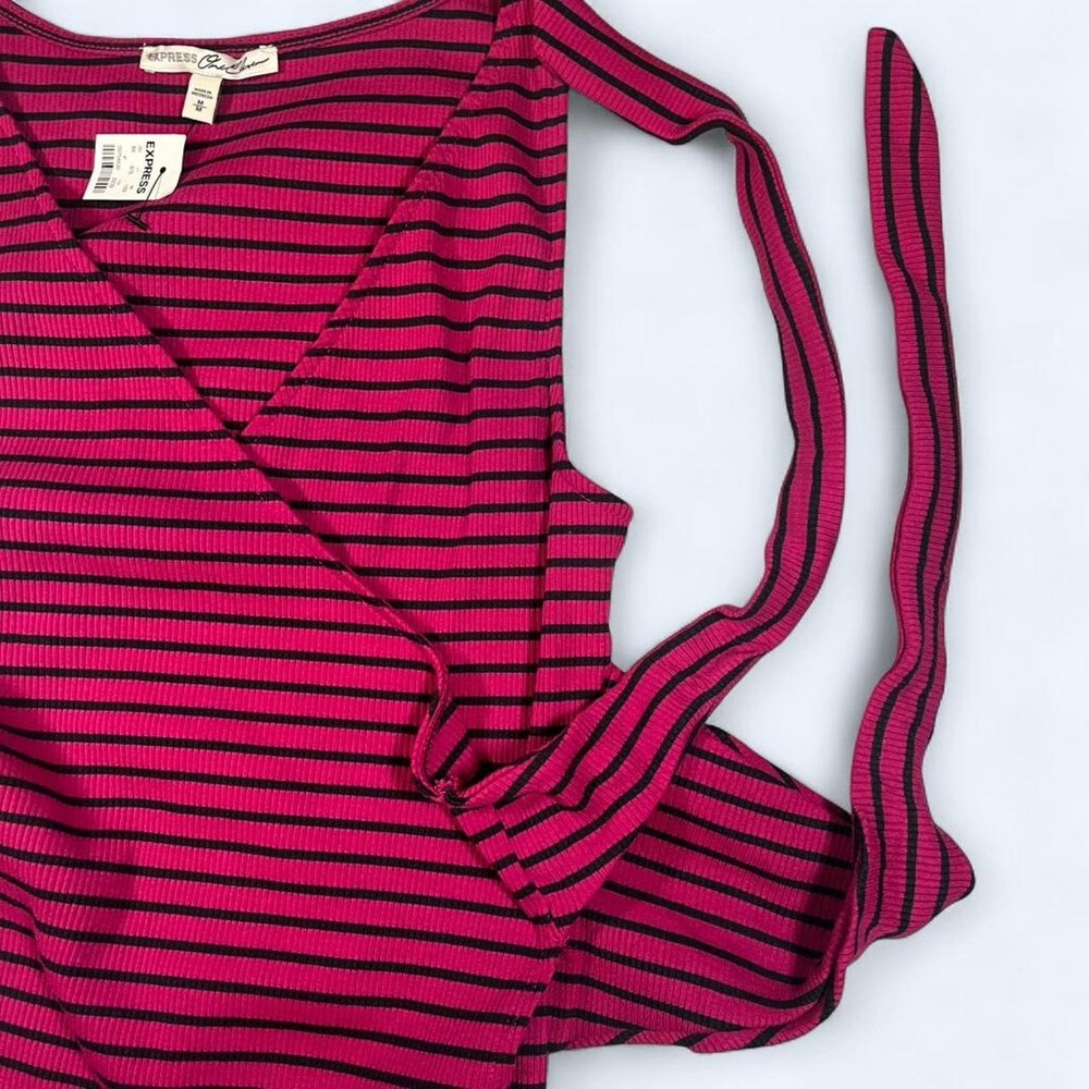 Express Womens Magenta Black Striped Ribbed Wrap Side Tie Tank Top Med NWT - Picture 5 of 8